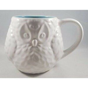 Homestead International - White & Aqua - Owl Coffee Mug Tea Cup Embossed  Owl
